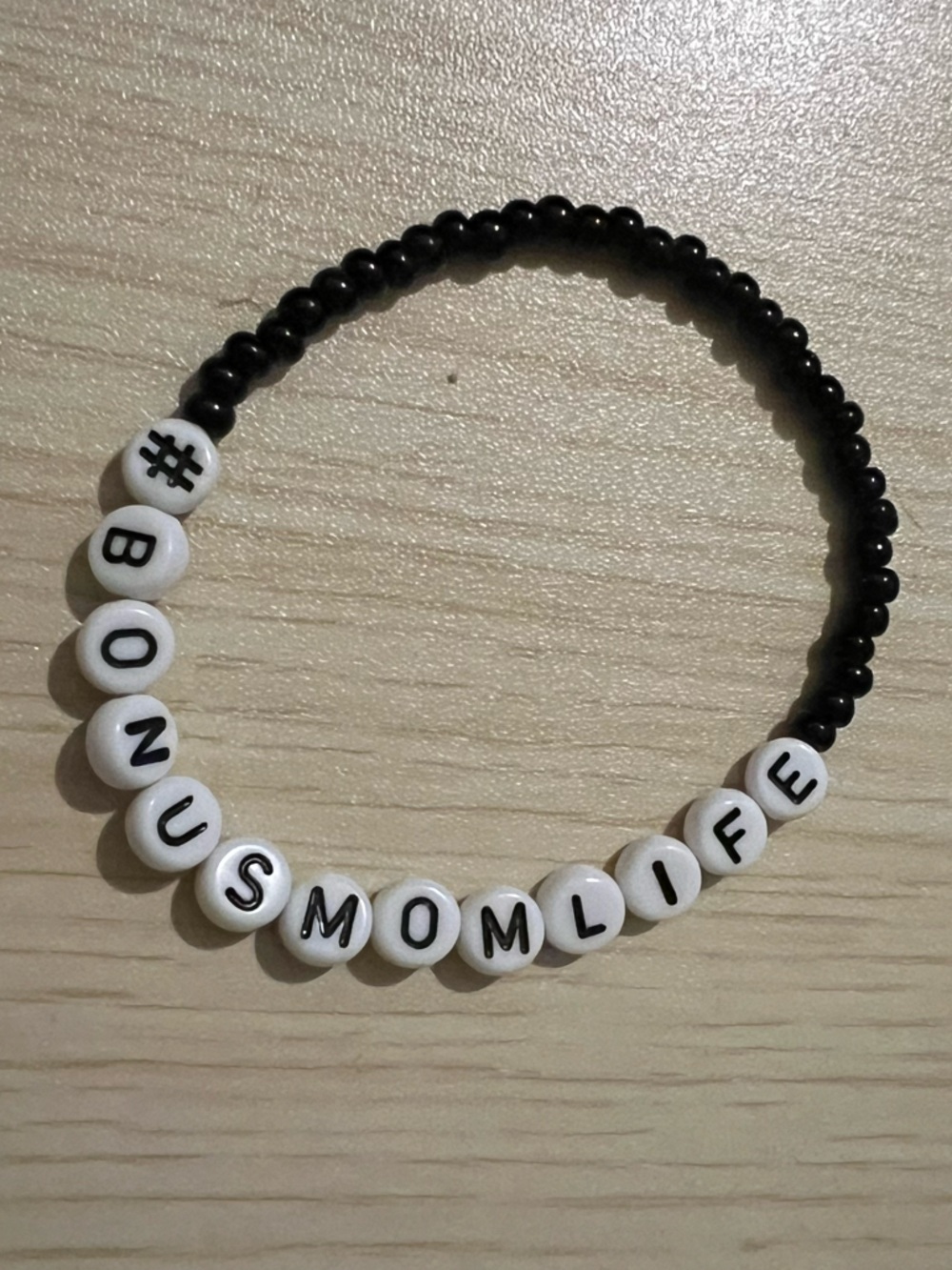 Beaded Bracelet with #BONUSMOMWIFE Lettering - Black & White